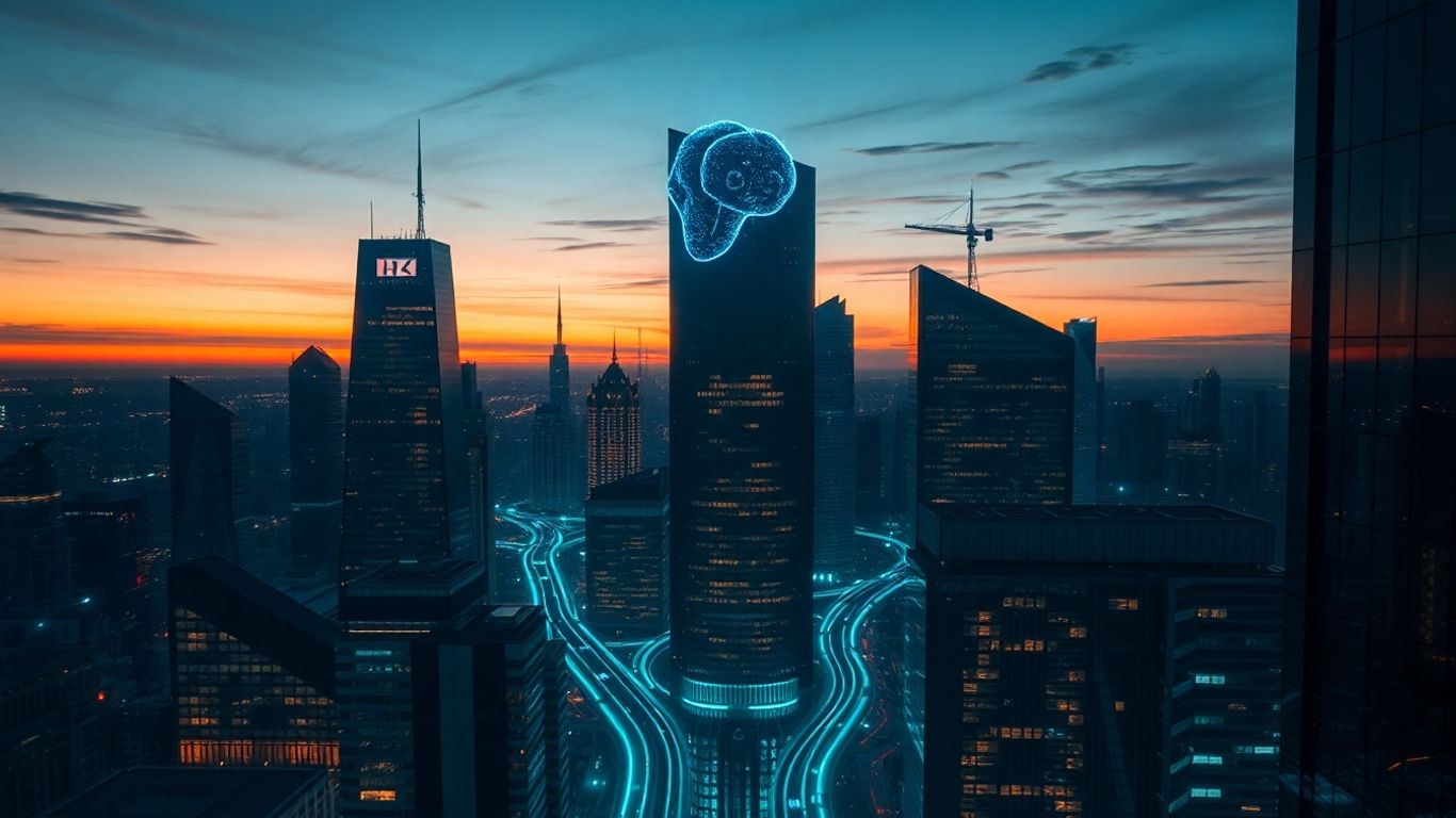 Futuristic cityscape with glowing digital streams