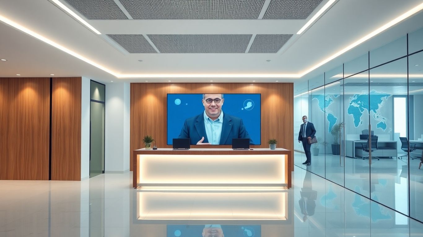 AI receptionist avatar in a modern office.