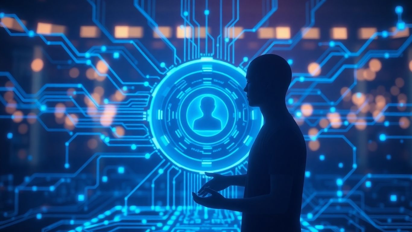 AI chatbot interface with glowing circuits and data streams.