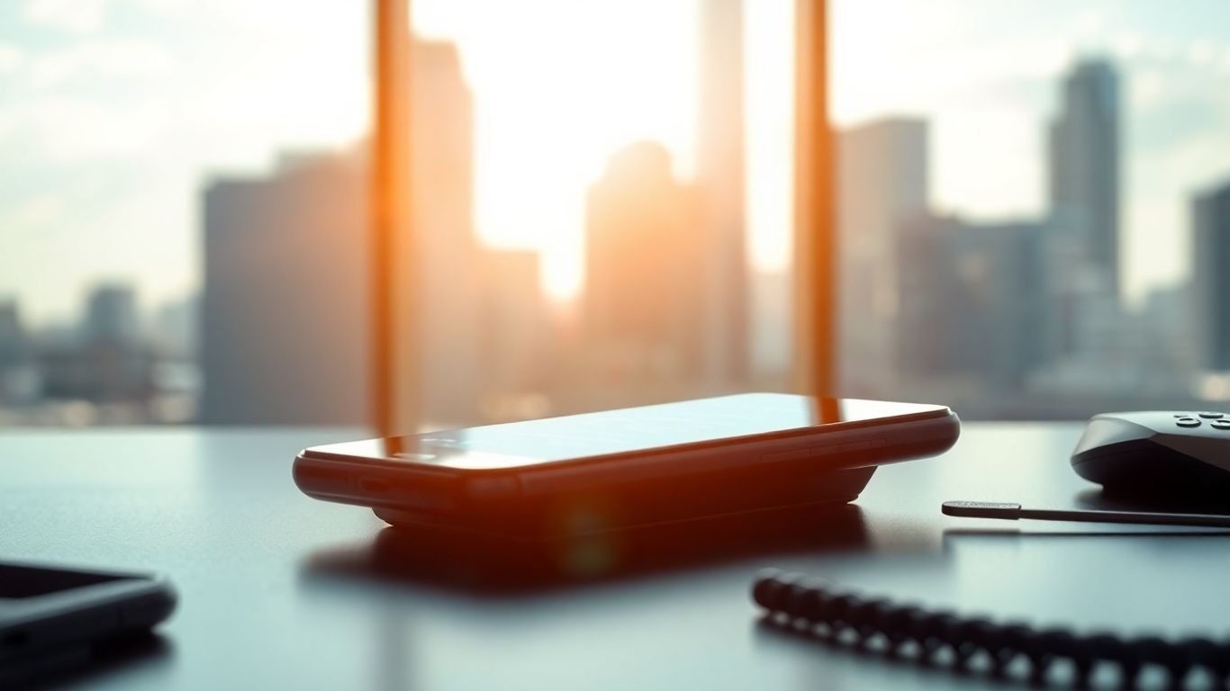 Digital phone in a modern office with cityscape background.