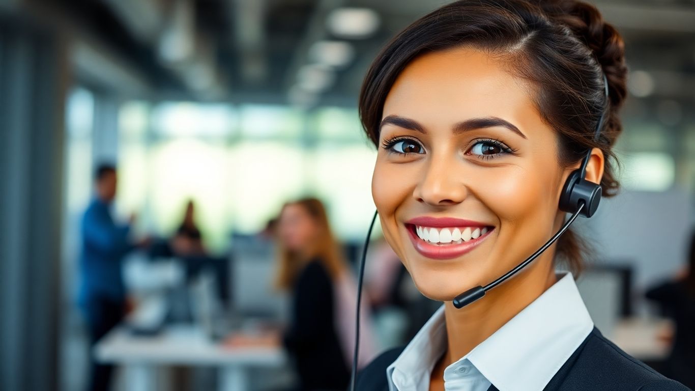 Professional woman with headset, friendly customer service.