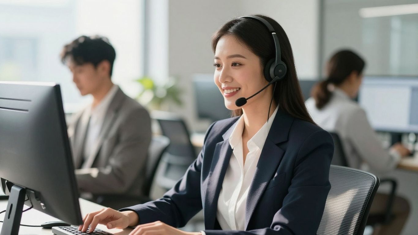 Professional woman using a headset in an office.