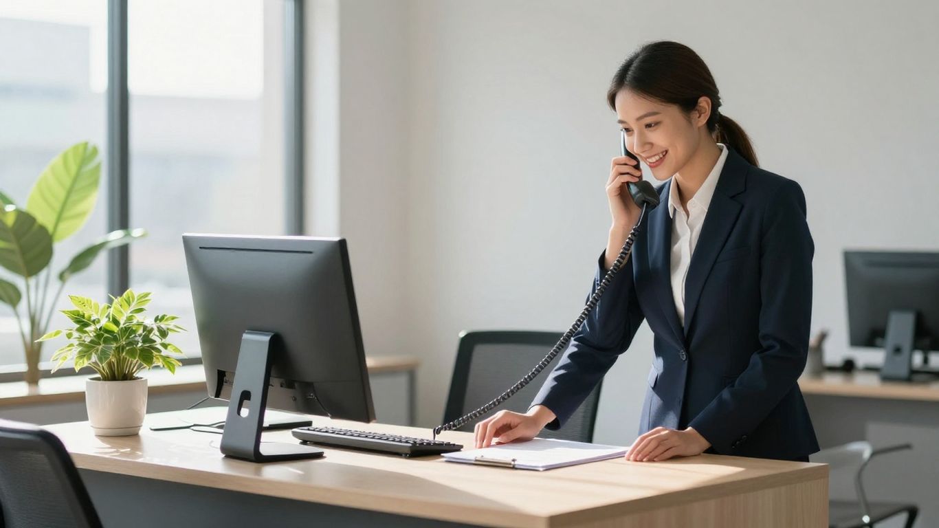 Professional receptionist handling calls in a bright office.