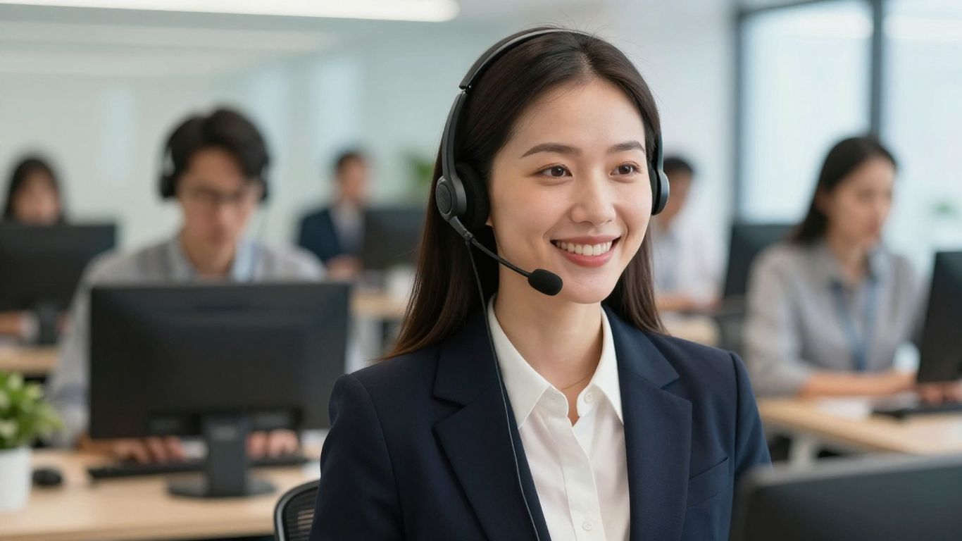 Professional woman with headset, business growth, virtual call answering