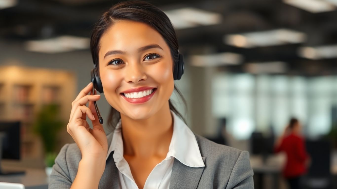 Professional virtual receptionist answering a call with a headset.