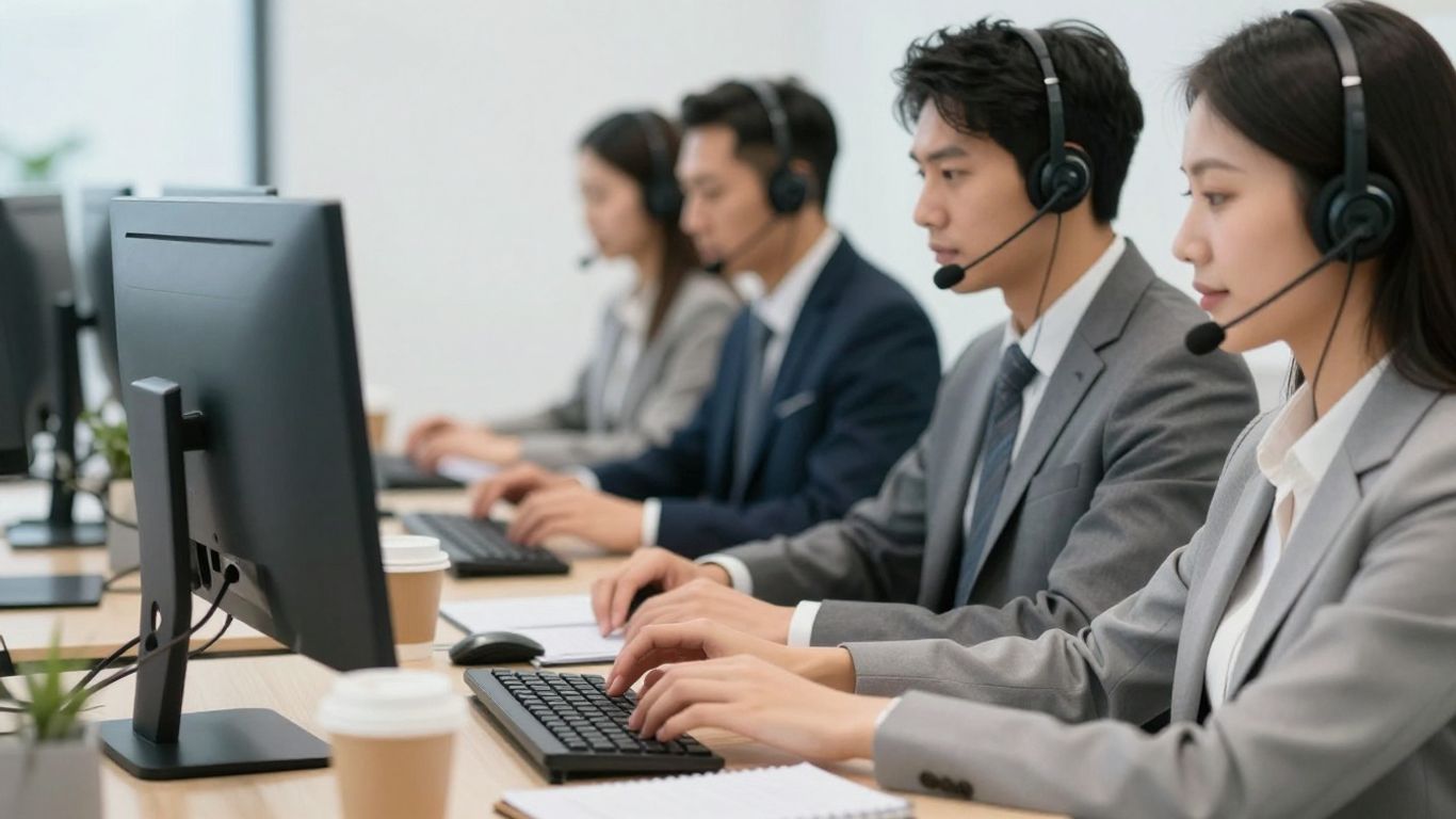 Businesspeople using headsets in a modern office workspace
