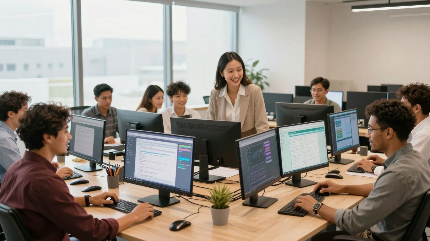 Business team working together with digital tools in office