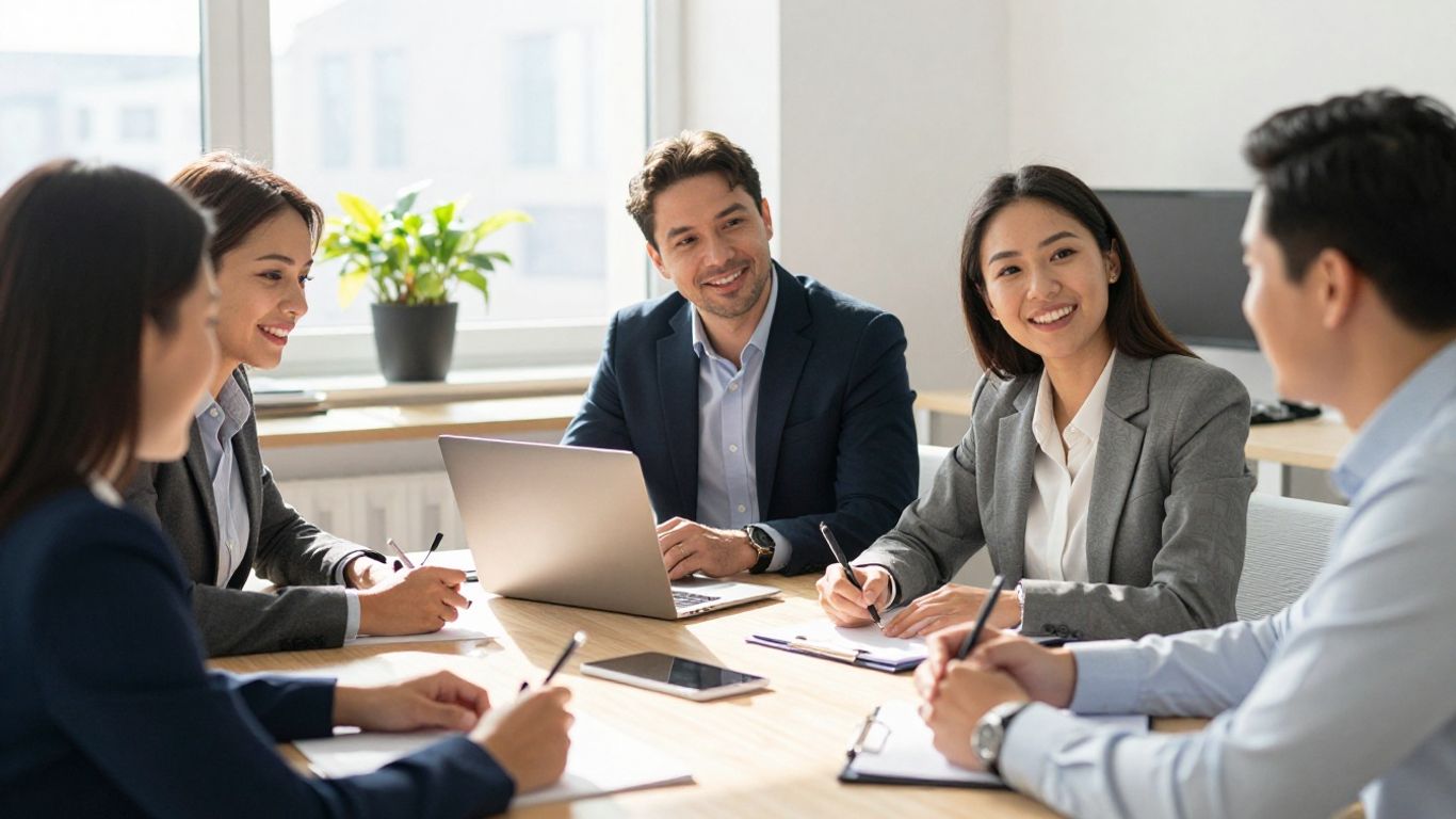 Business people collaborating in a bright, modern office.