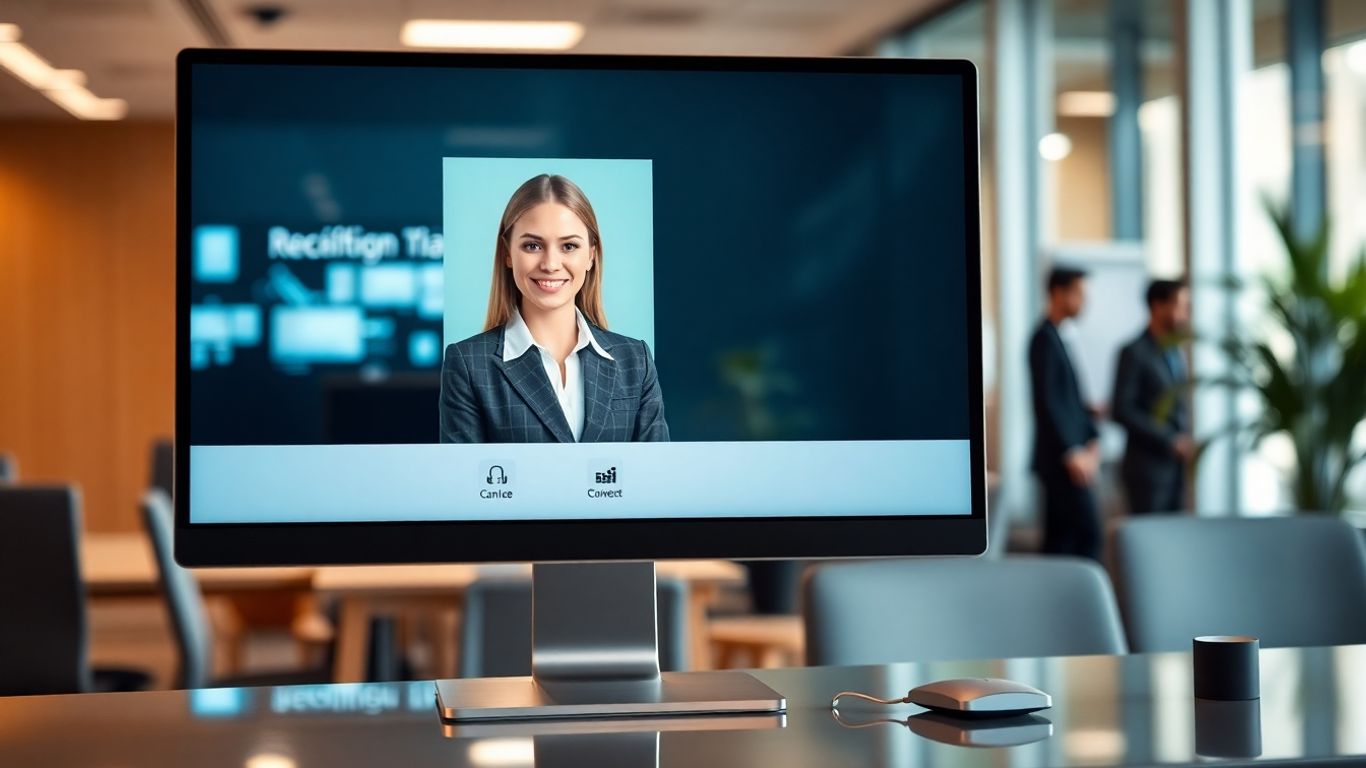 Virtual receptionist avatar on computer screen in office