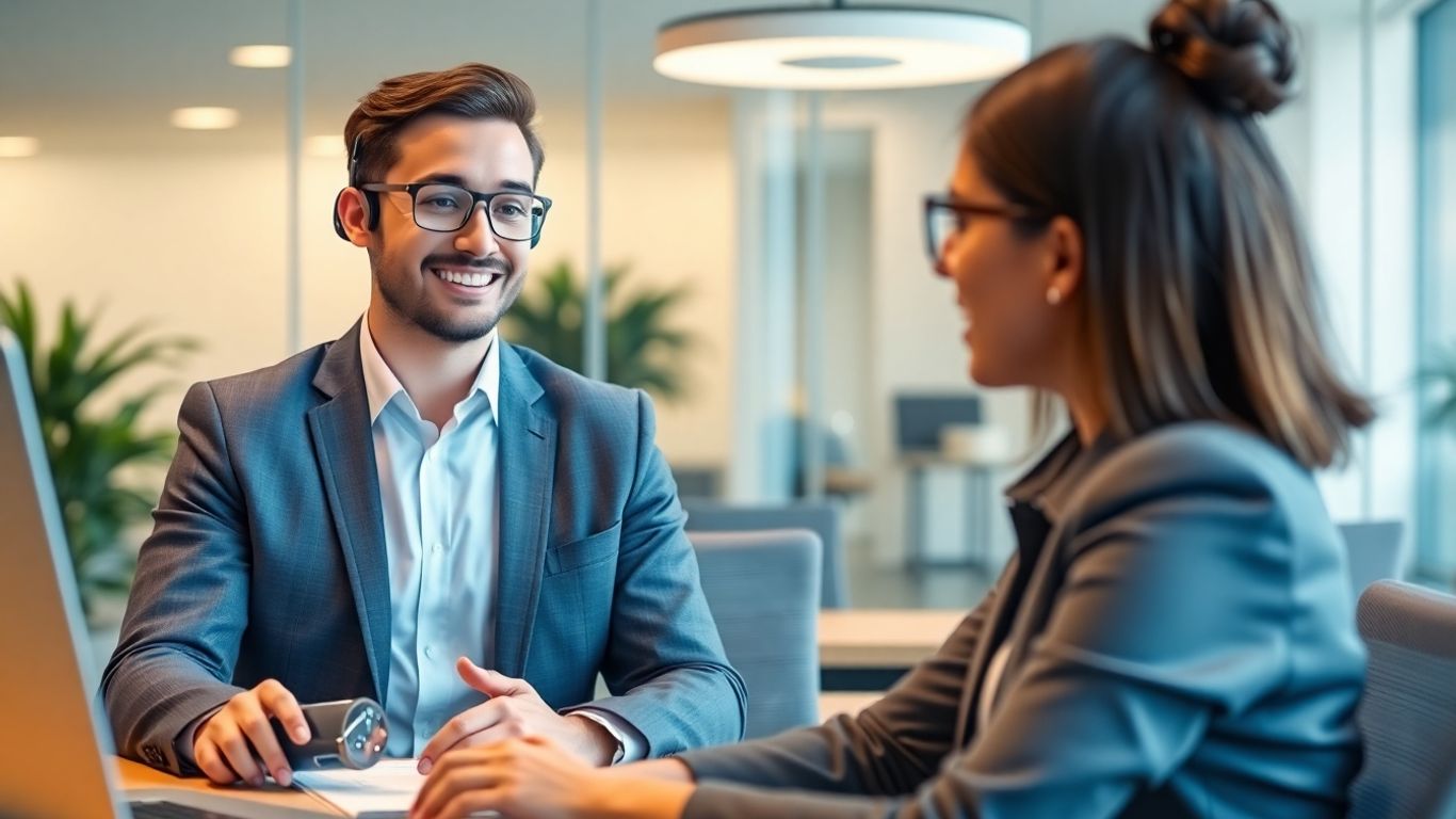 AI receptionist assisting business professional in modern office