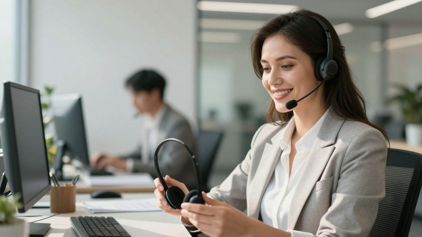 Professional woman with headset, busy office background.