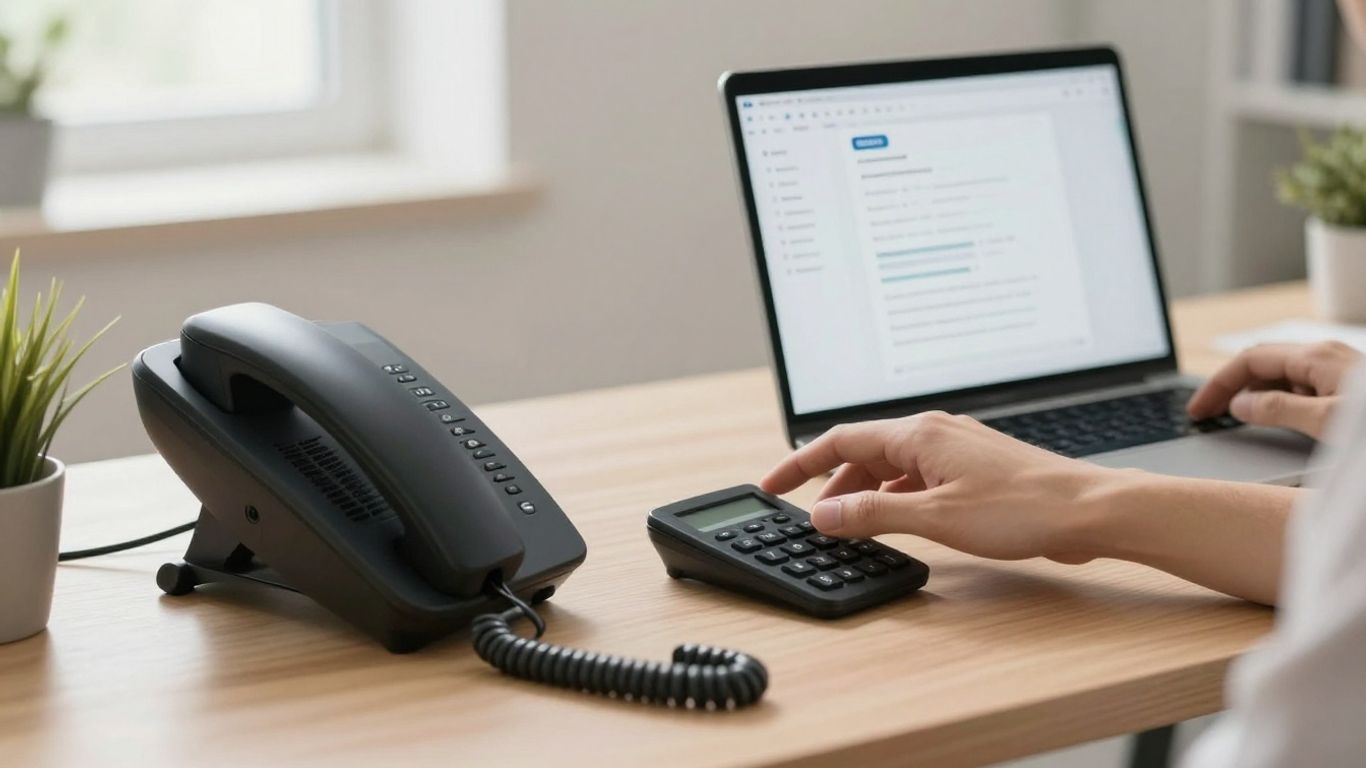 Business phone and laptop on a desk.
