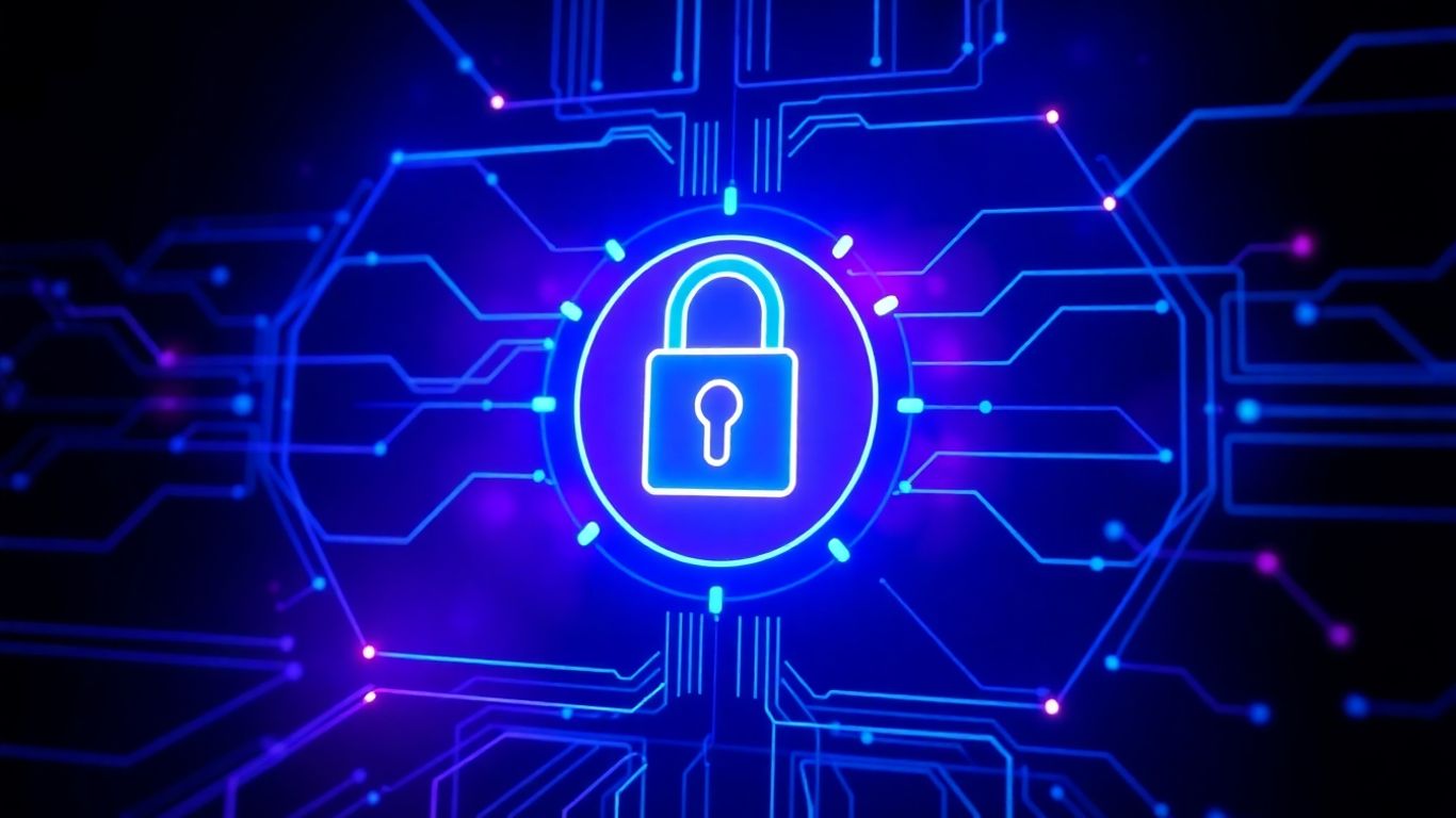 AI chatbot interface with glowing data streams and lock icon.