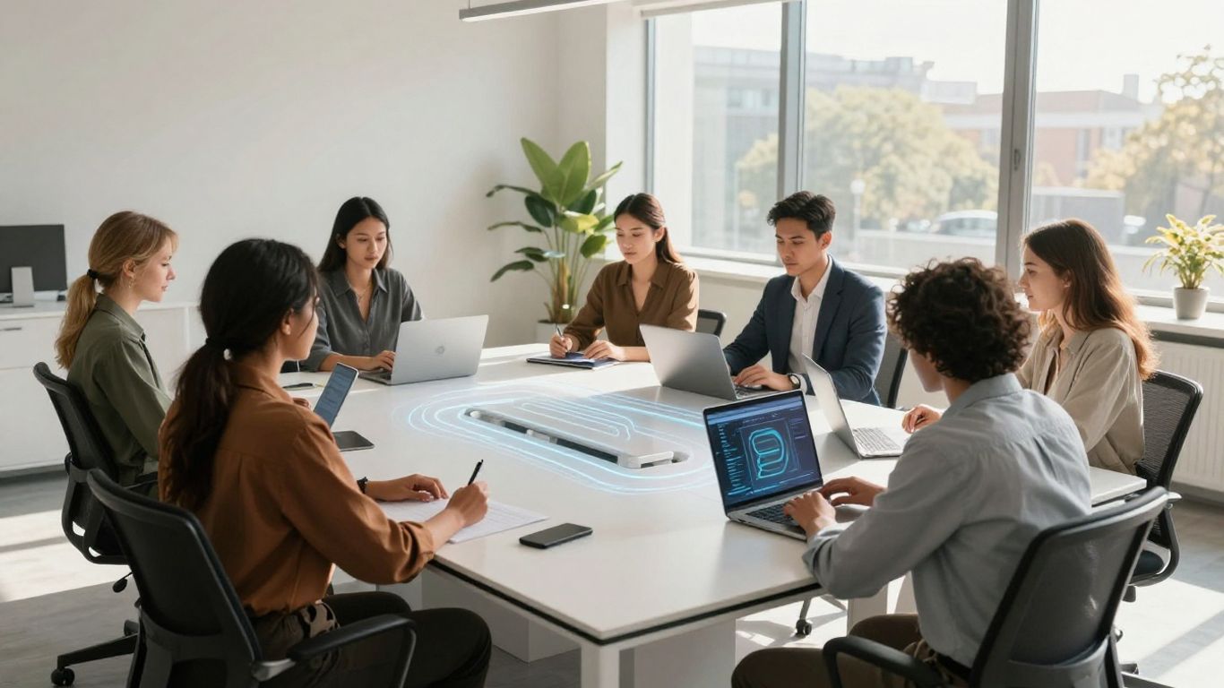 Team collaborating with advanced voice AI technology.