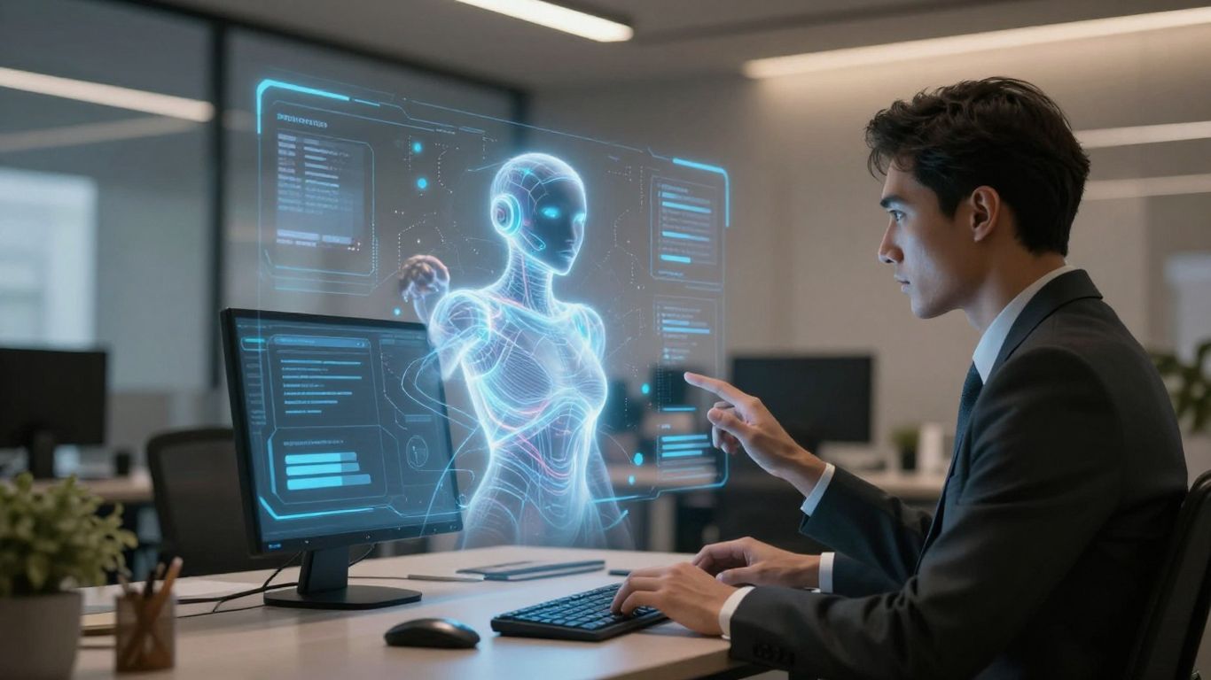 AI virtual assistant helping business professional in modern office.