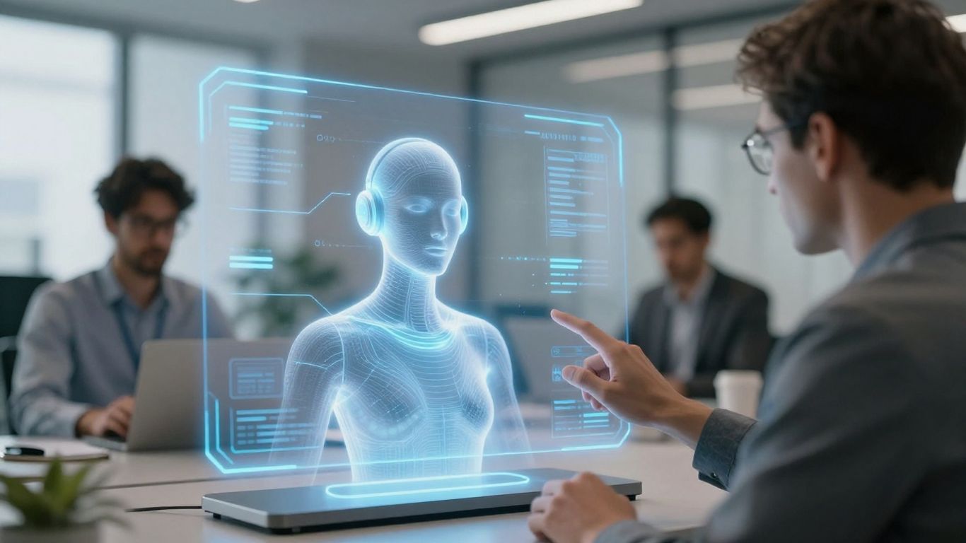 AI virtual assistant interface in a modern office.