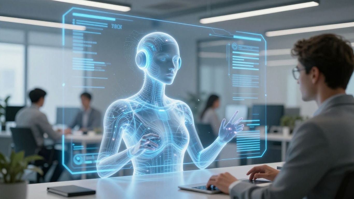 AI virtual assistant interface interacting with a business professional.