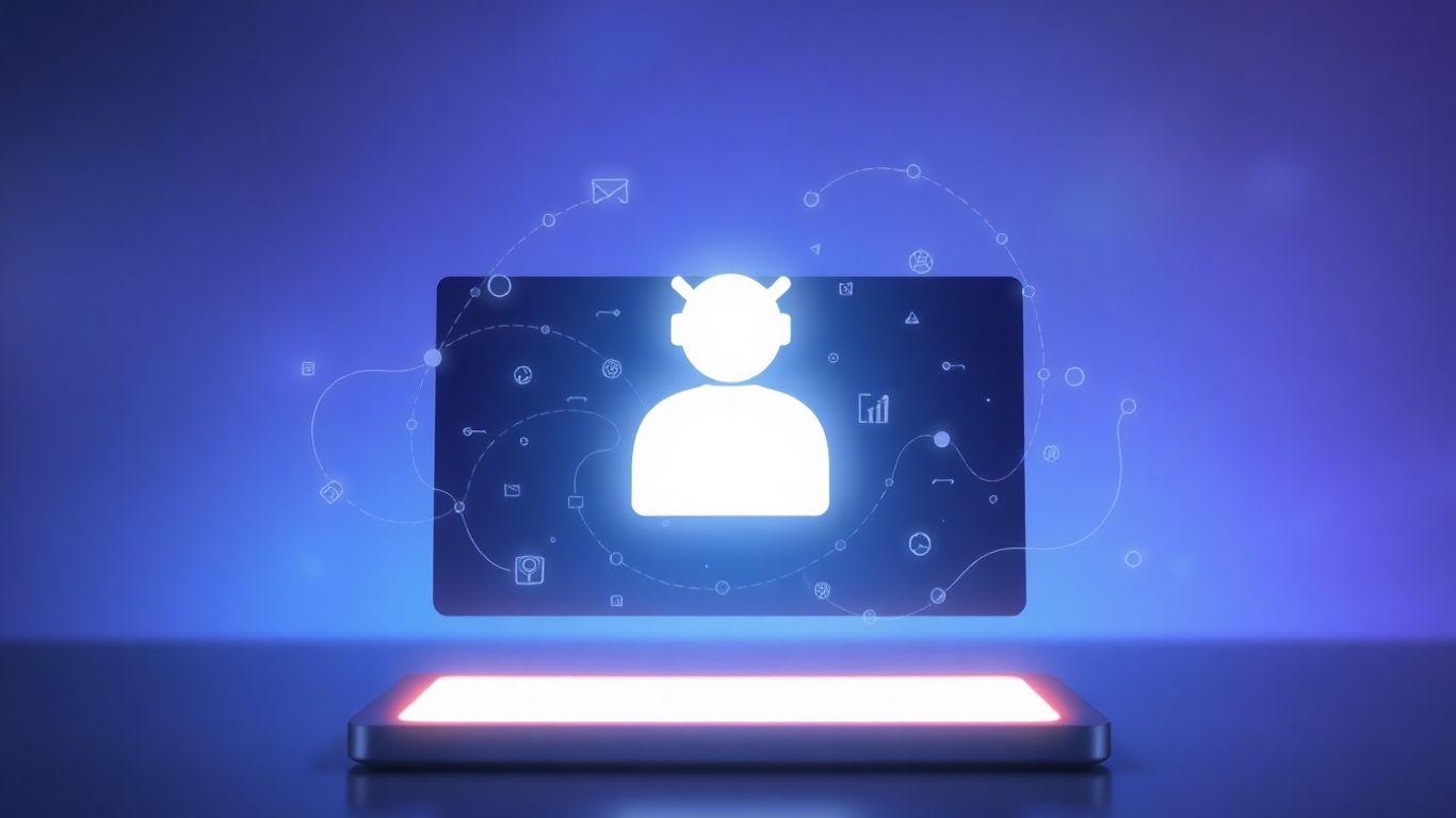 Chatbot interface on a glowing screen with digital patterns.