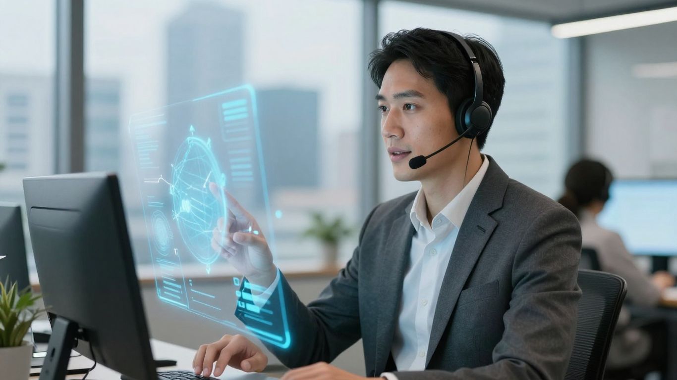Business professional using headset with technology interface.