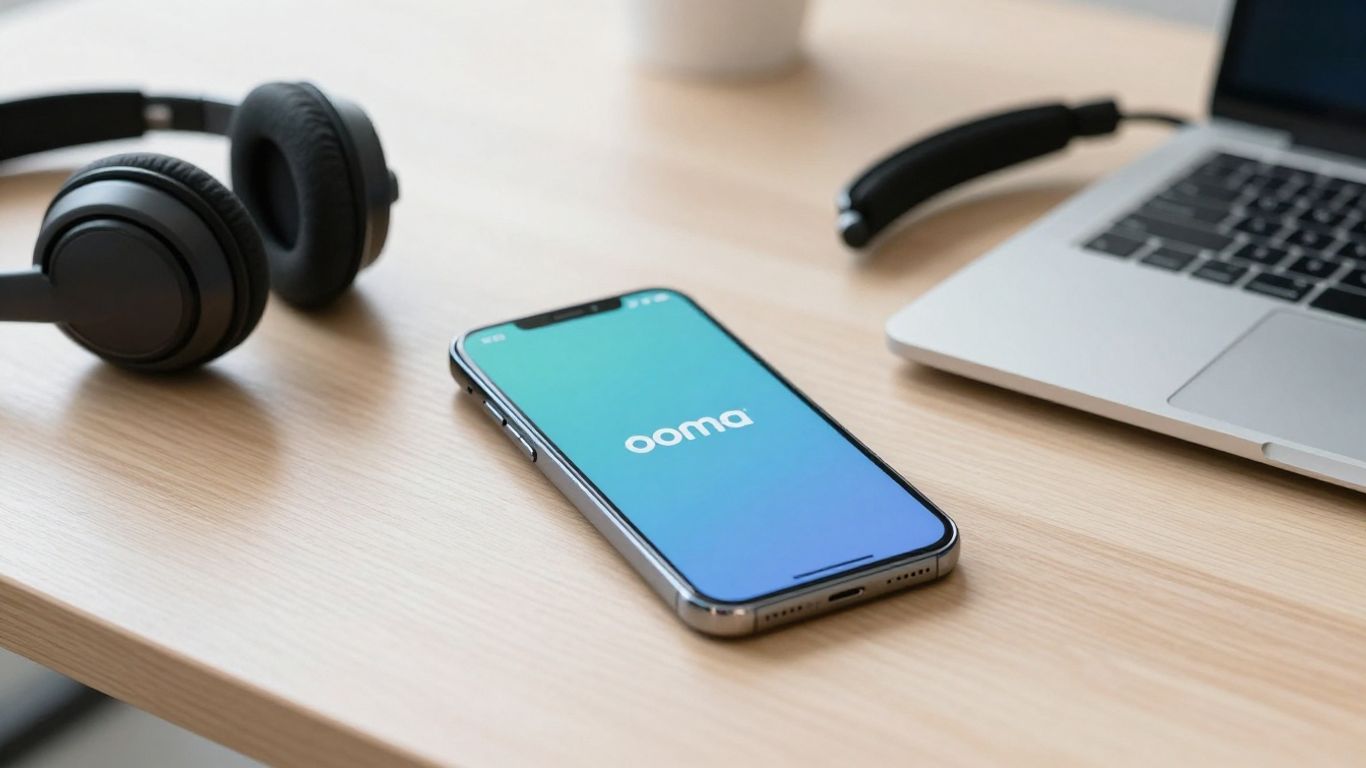 Ooma logo on a smartphone with headset on desk.