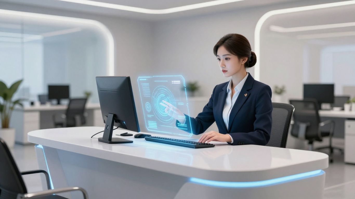 AI receptionist using a futuristic holographic interface.