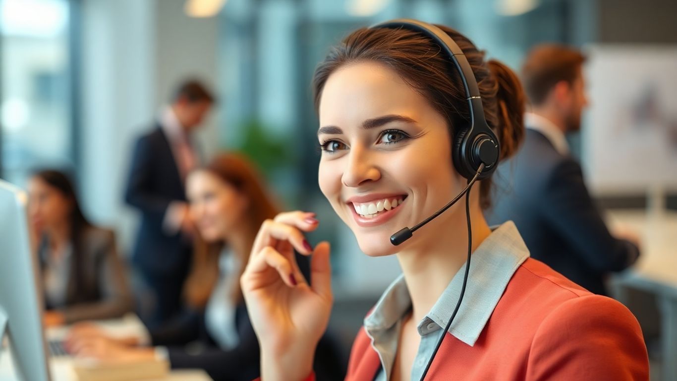 Virtual receptionist assisting a business client over the phone.