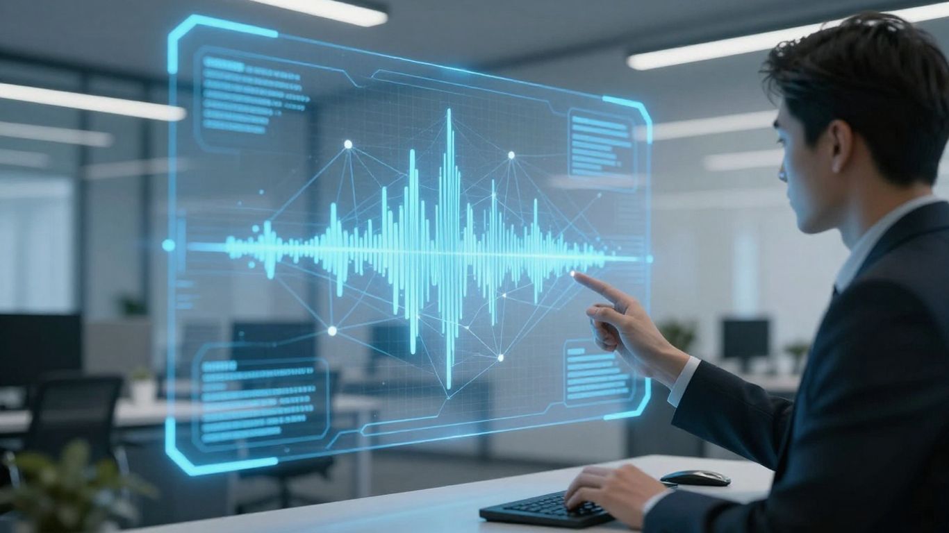 Holographic sound waves and digital connections interface.