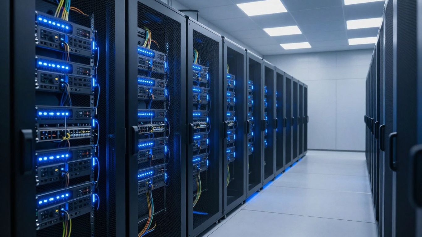 Advanced server room with glowing lights and intricate wiring.