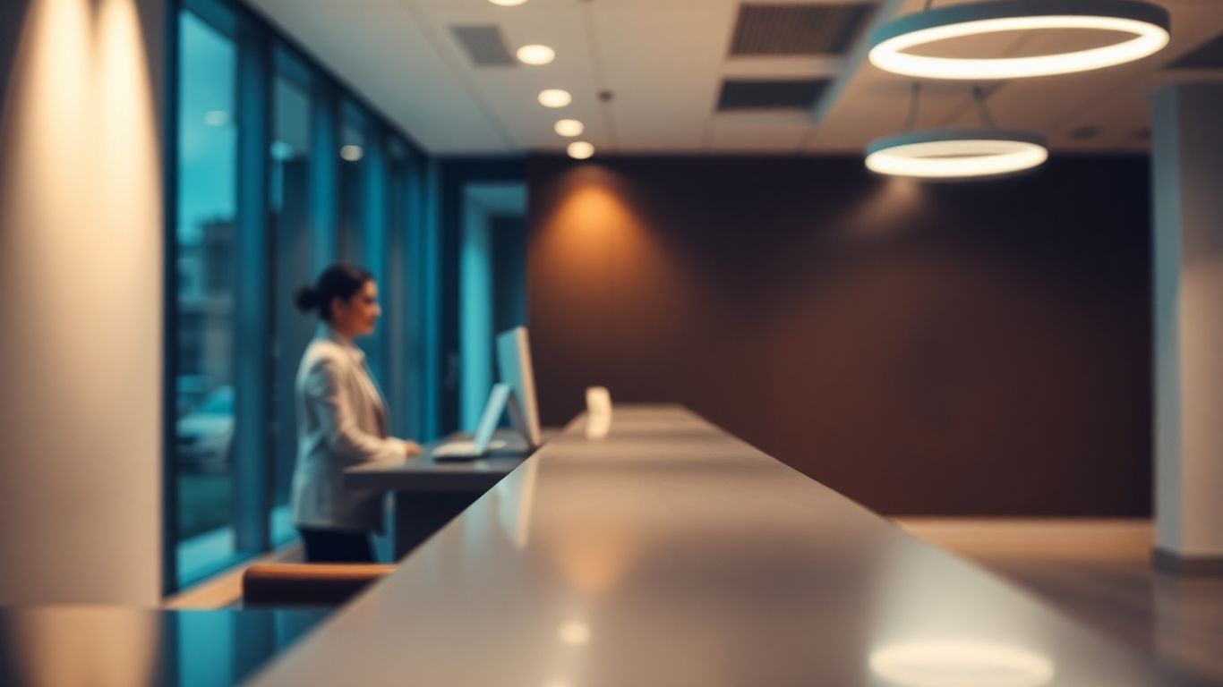Modern reception desk with a blurred receptionist.