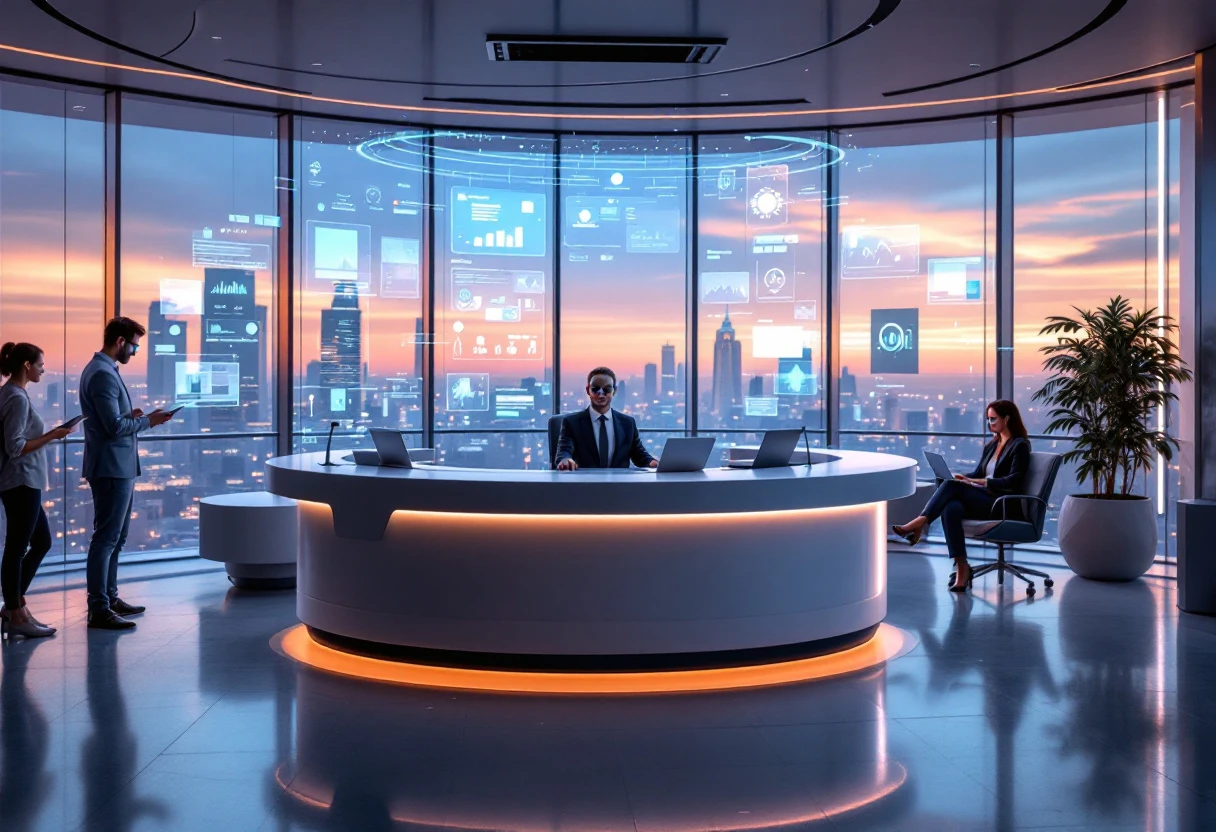 An engaging image showing a modern office environment with an AI receptionist at work, surrounded by digital tools and happy employees interacting with technology.