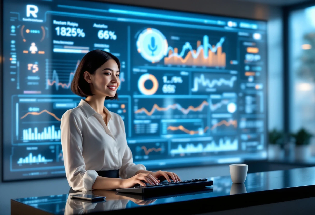 An illustration showing a busy office scene with a human receptionist and a digital interface displaying AI features, such as voice recognition and call analytics.