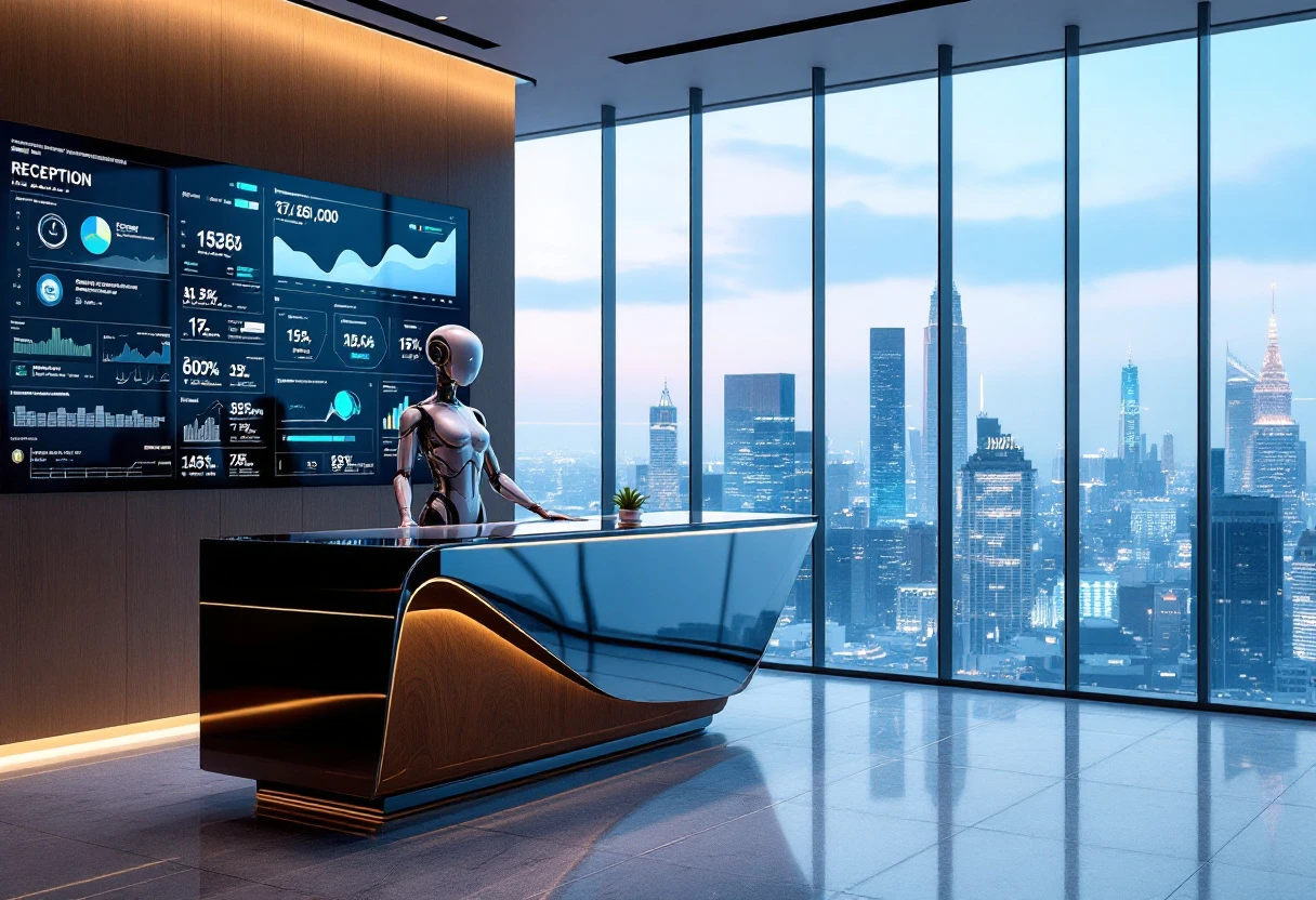 A modern office reception area integrating both human and AI interactions, showcasing technology in a business environment.