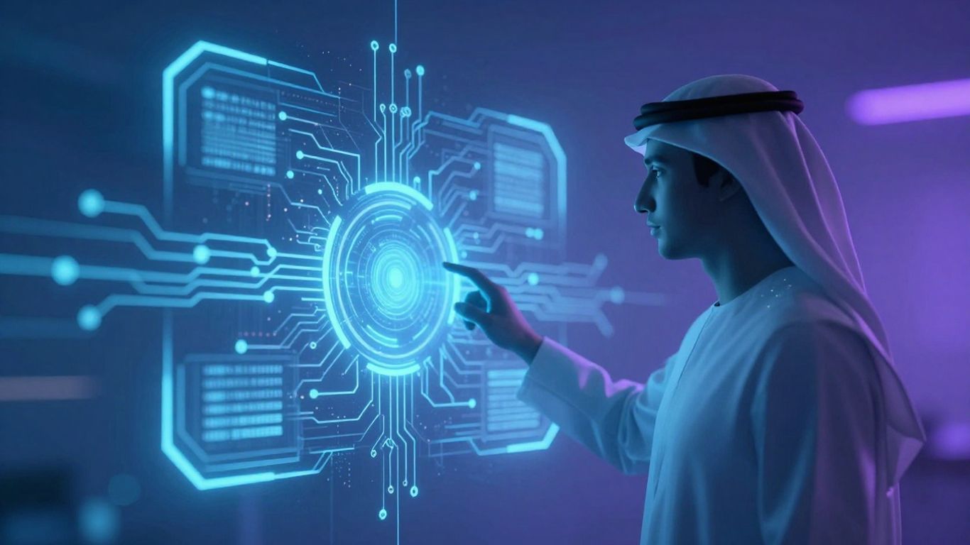 AI interface with abstract human silhouette and data streams.