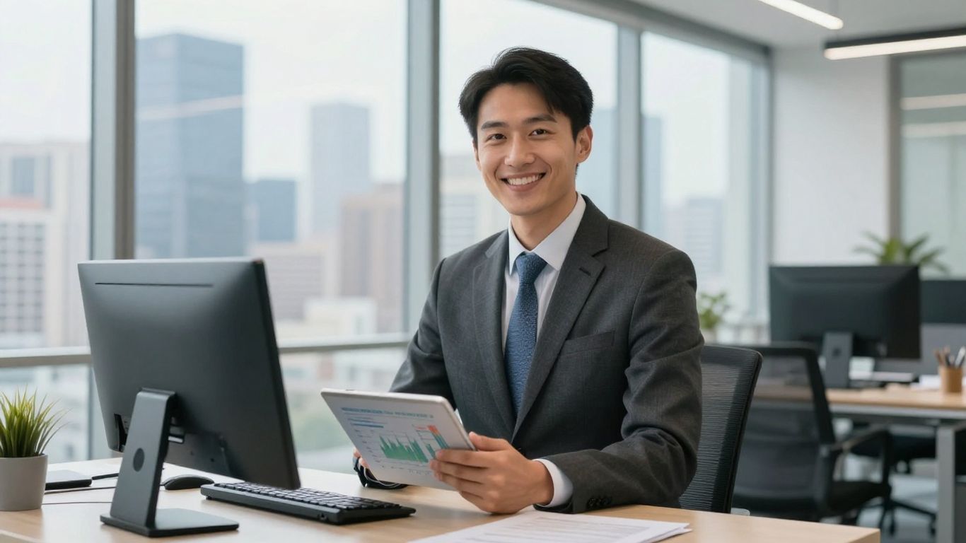 Mortgage broker using technology in a modern office.