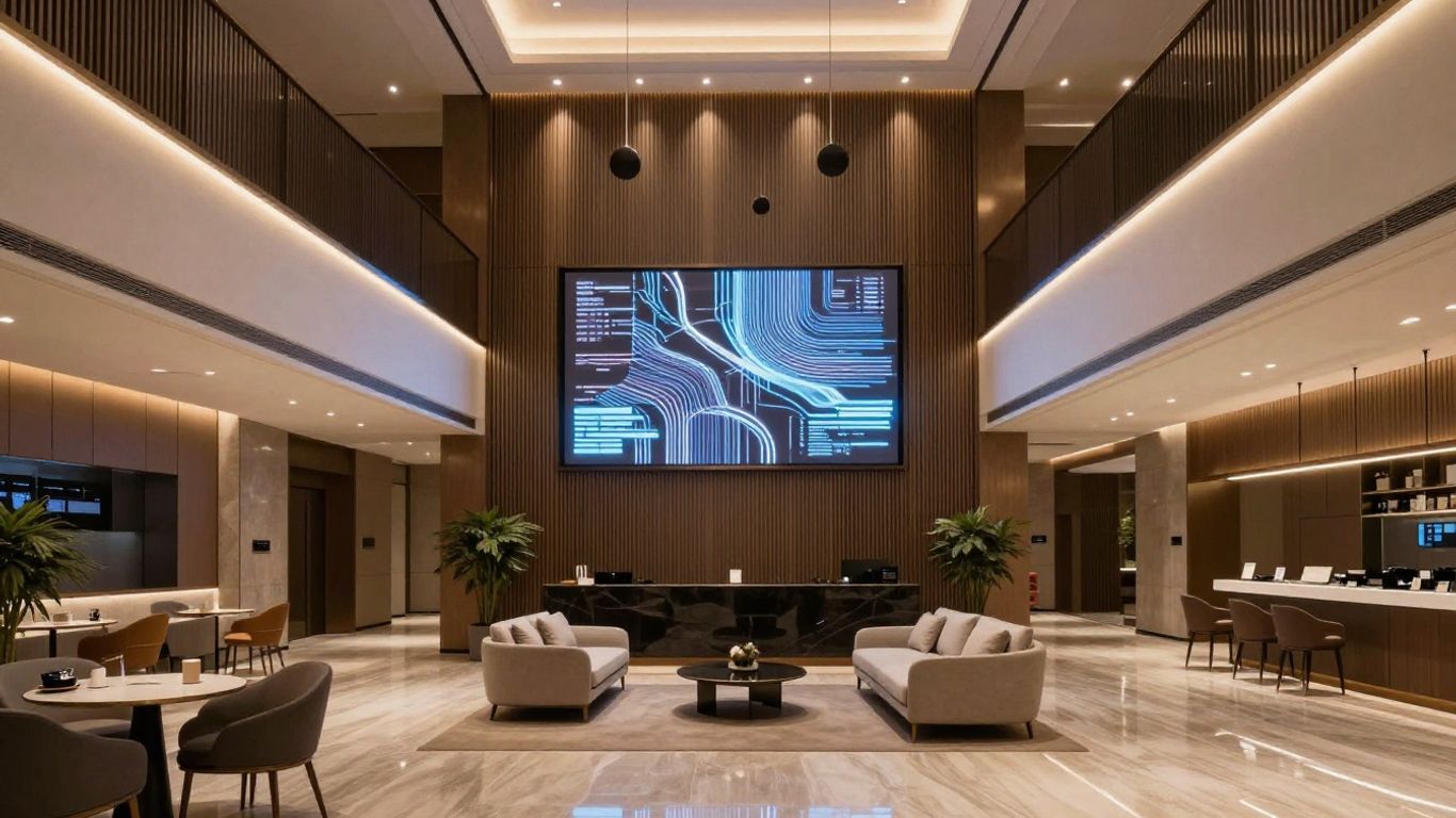 Modern hotel lobby with subtle digital data display.