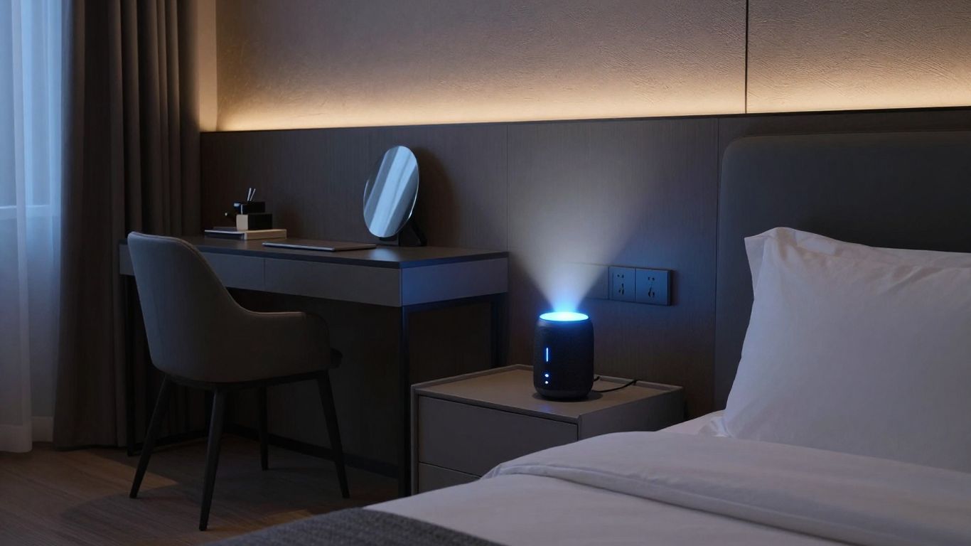 Hotel room with voice-activated smart speaker.