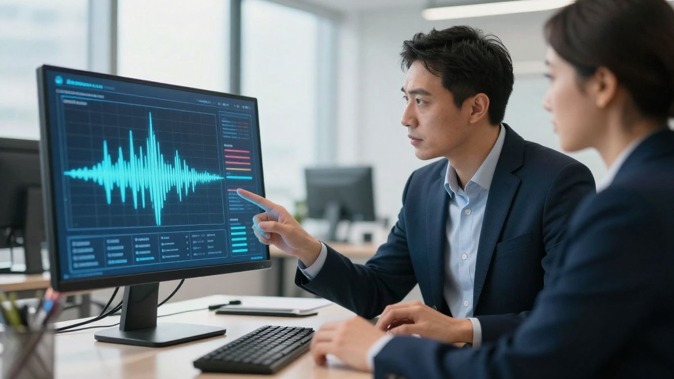 Mortgage broker using voice AI technology in an office.