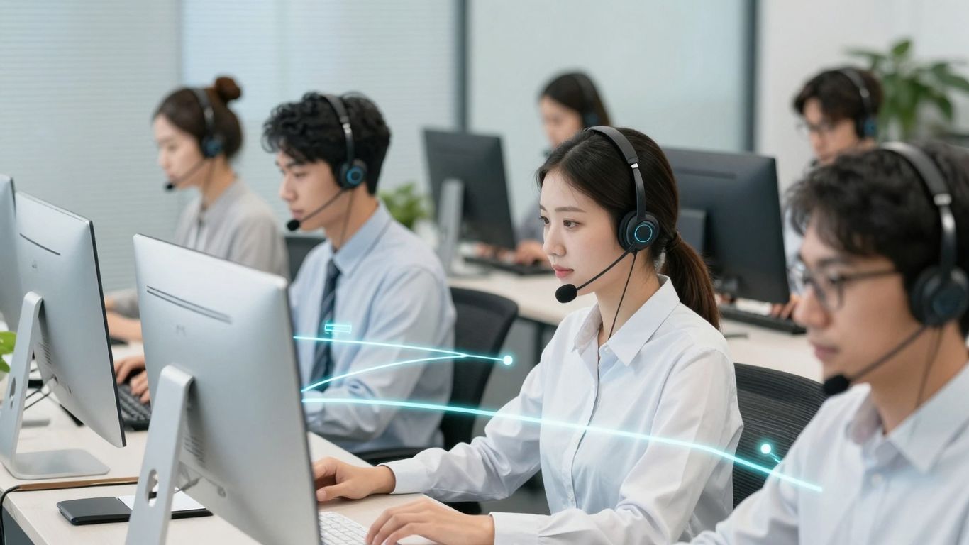 Nextiva call center agents using AI routing technology.
