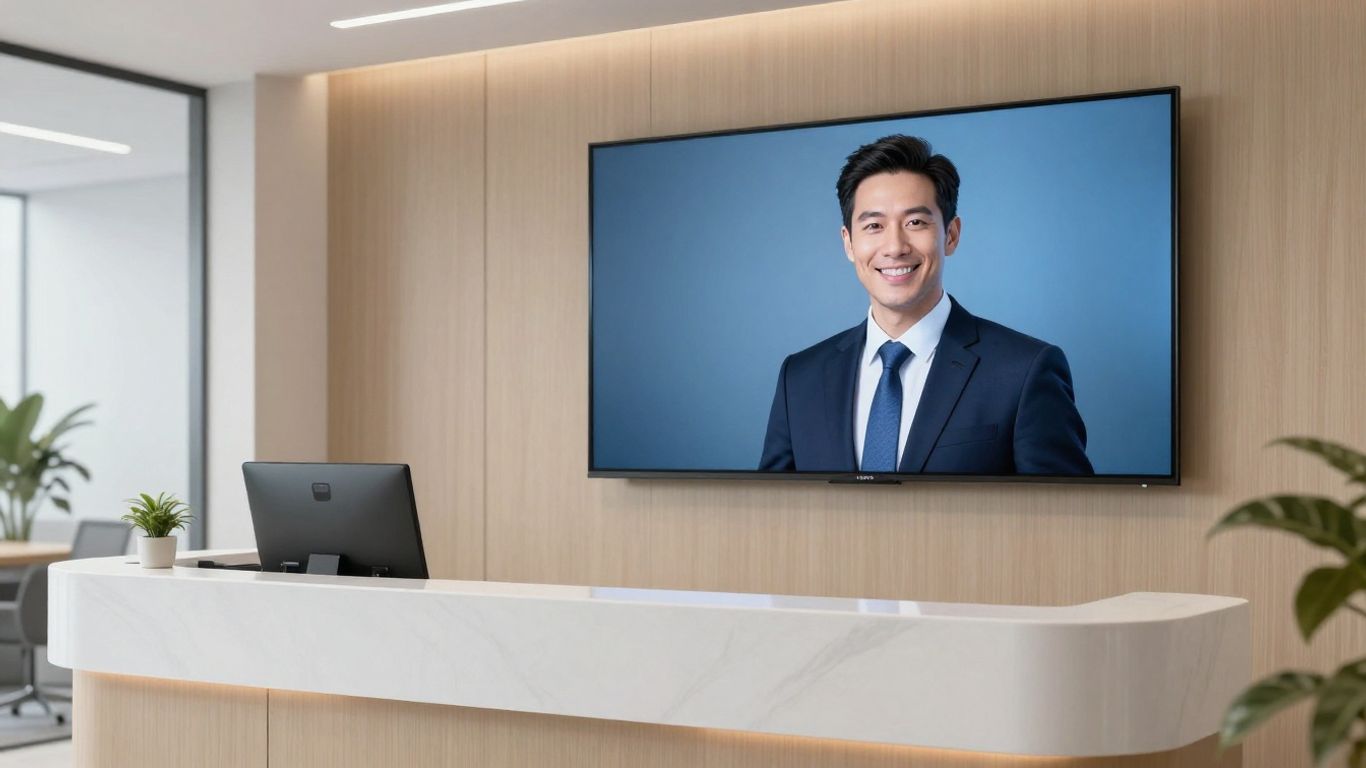 AI receptionist avatar on a screen in an office.