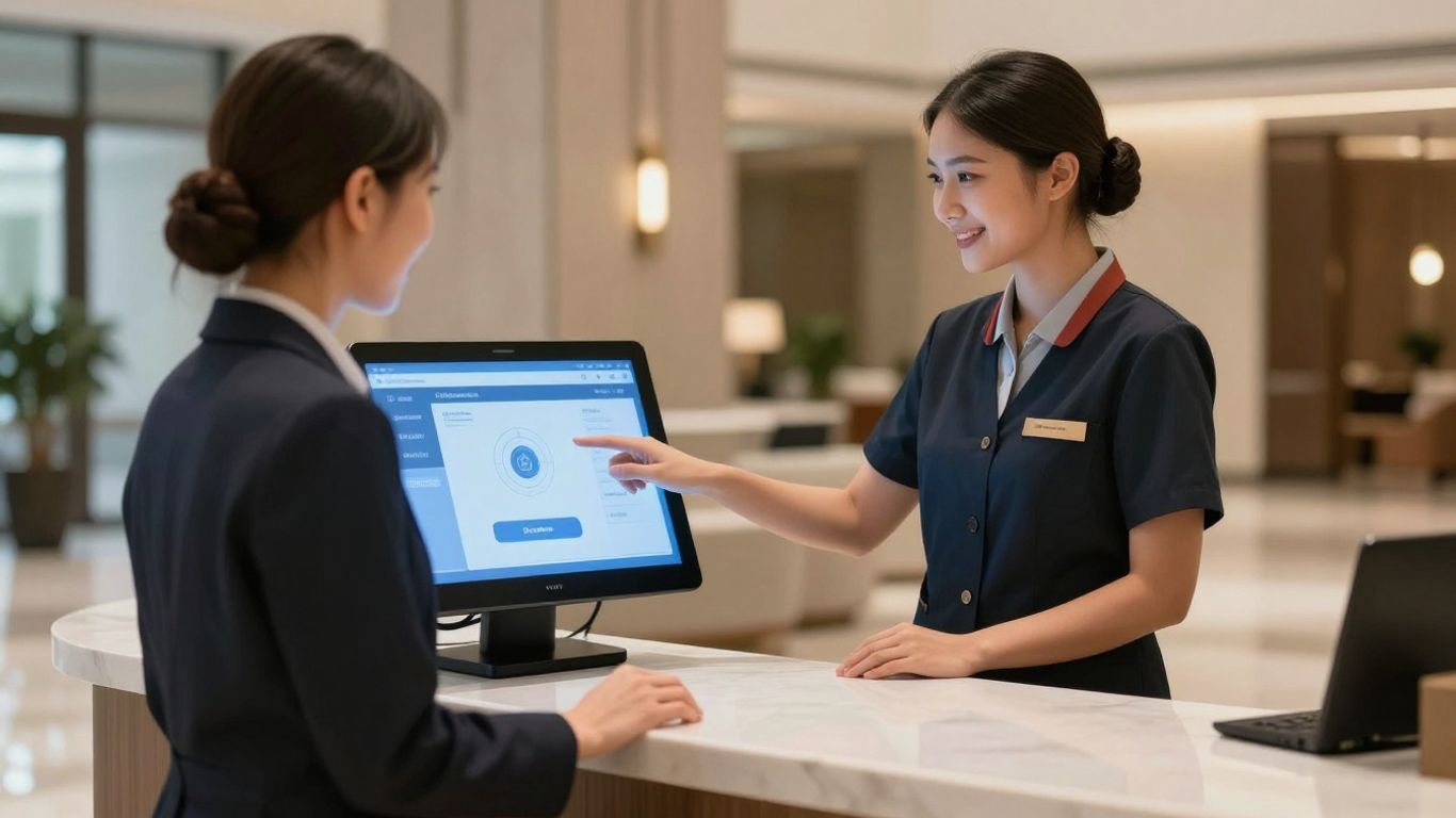 Hotel staff member and AI receptionist interface.