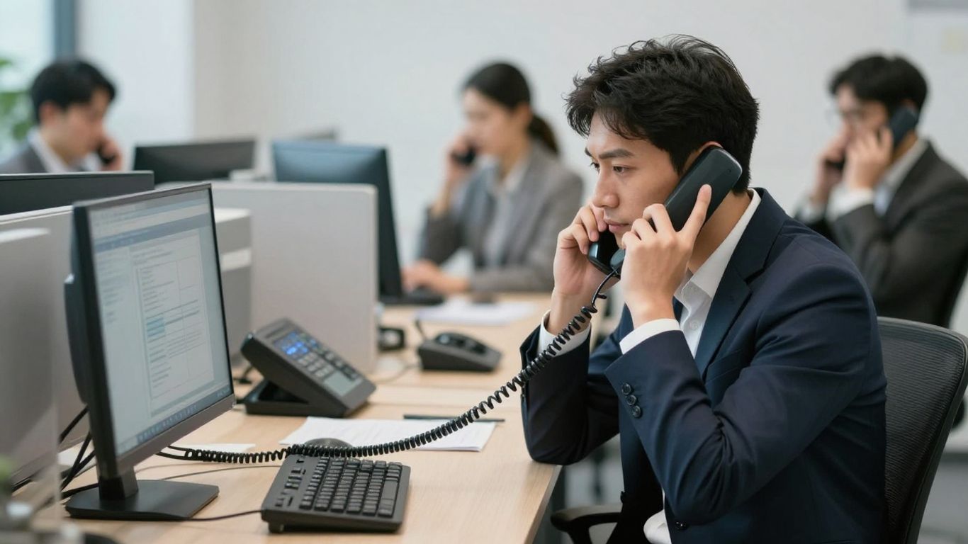 Business professional managing multiple calls with AI assistance.