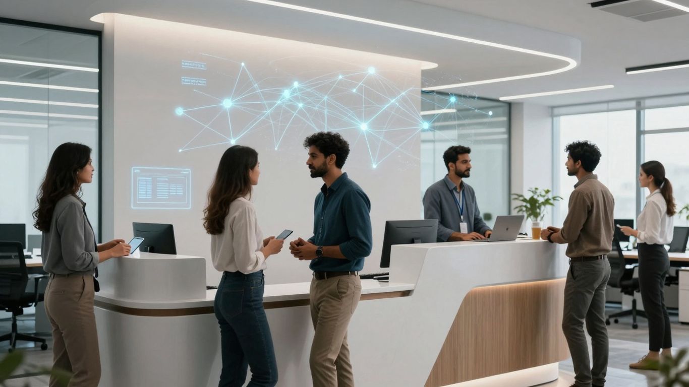 AI receptionist facilitating global communication in an office.