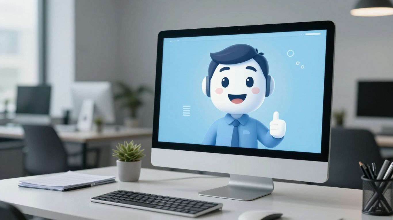 AI receptionist avatar on a business computer screen.