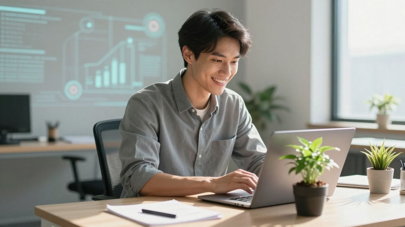 Small business owner looking at laptop with growing plant.