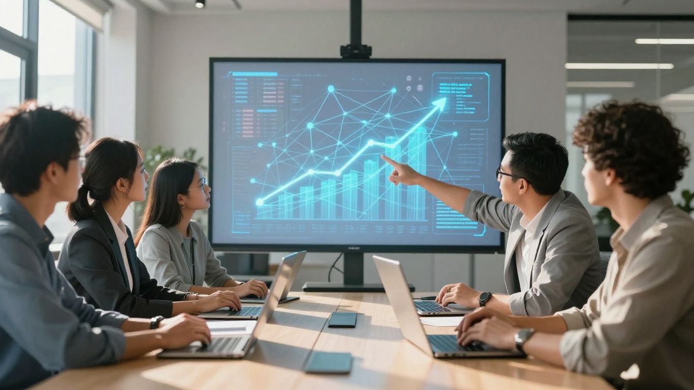 Business professionals discussing AI growth strategies.