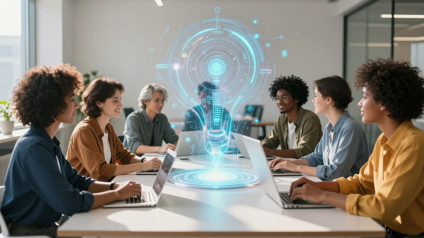 Business people collaborating with glowing AI ideas.