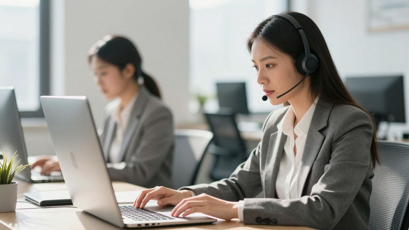 Businesswoman working efficiently in a modern office.