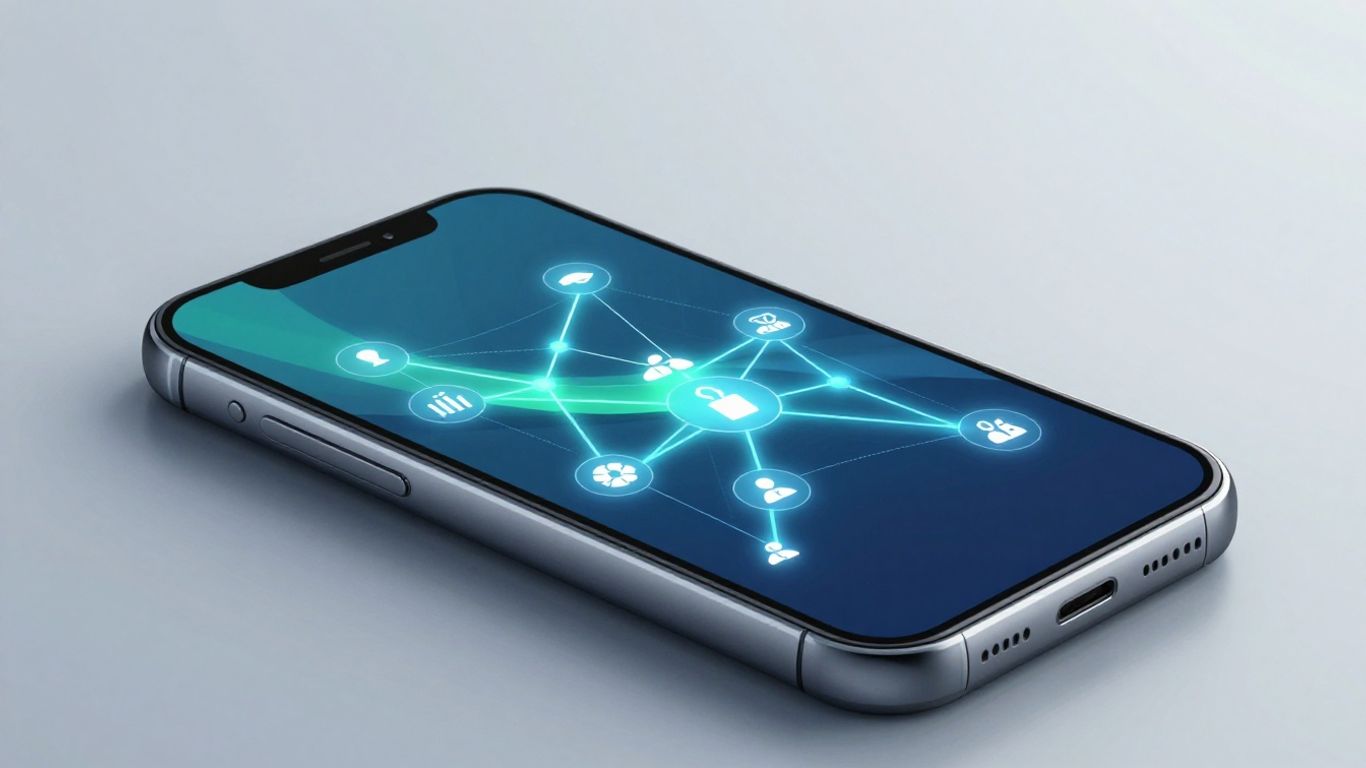 Smartphone connecting business tools with glowing network lines.