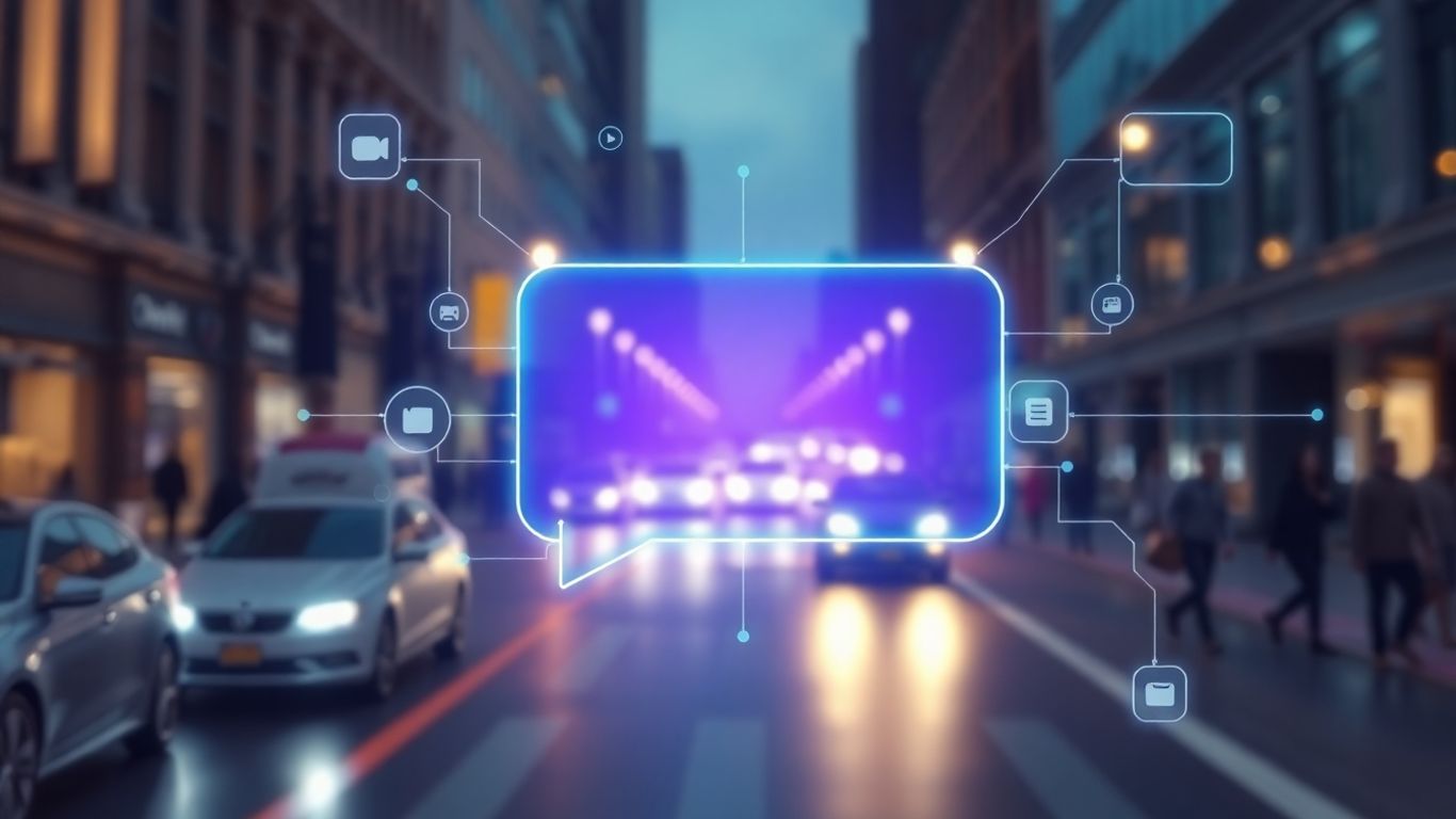 AI chatbot interface with city background.