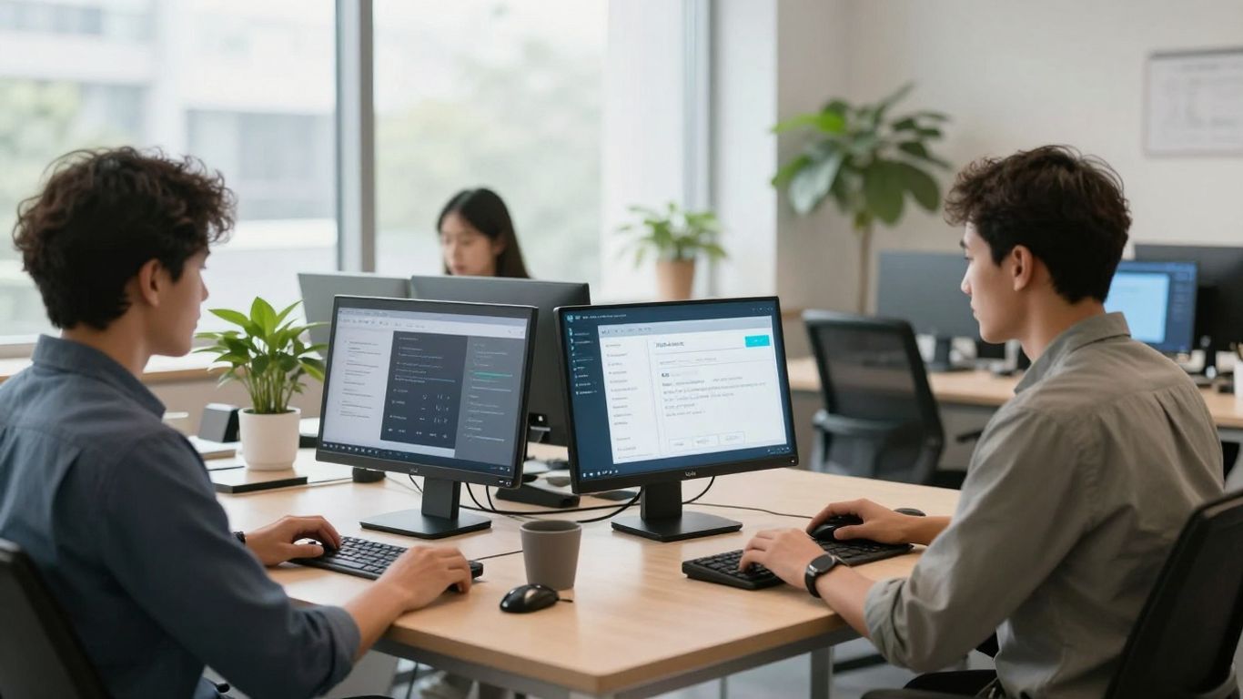 Business team using advanced VoIP phones in modern office